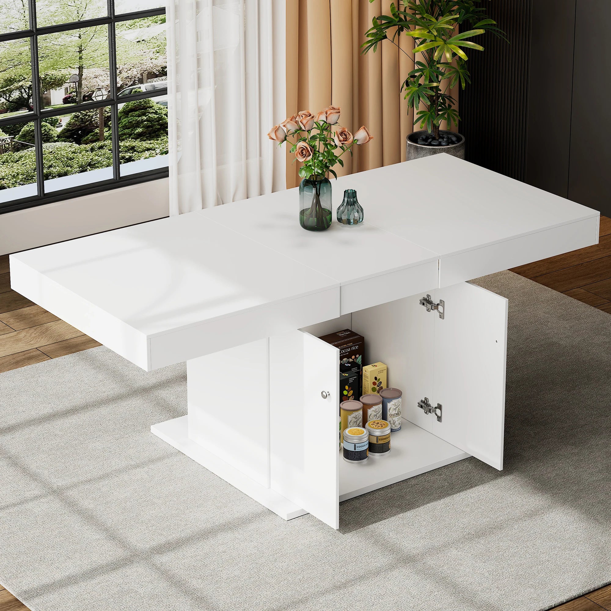 White extendable dining table with storage cupboard