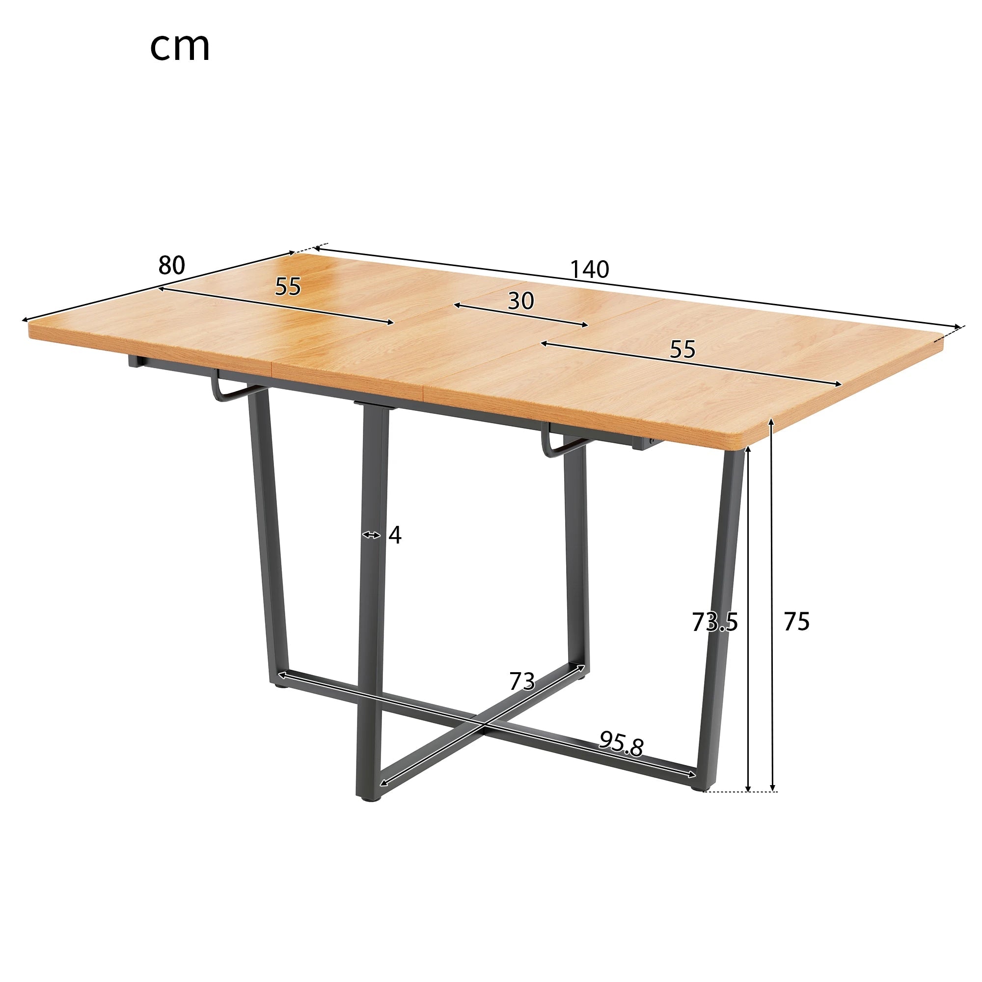 Modern extendable dining table with black metal legs for 4 to 6 people