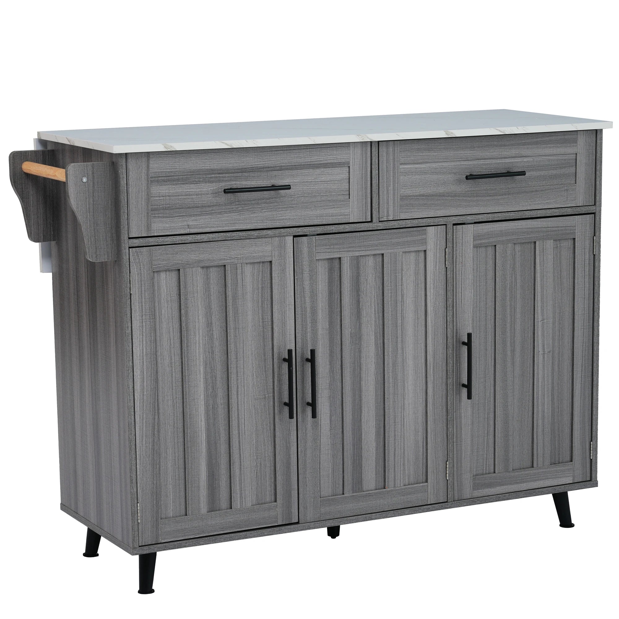 🚪 5-Wheel Kitchen Trolley – Khaki Grey Wood & Marble Top | 129 x 71 x 91.5 cm