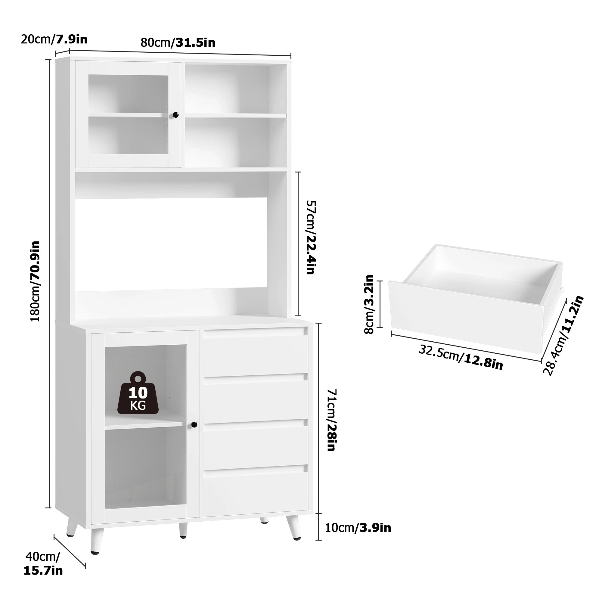 White kitchen sideboard with 4 drawers and glass doors 80x40x180cm