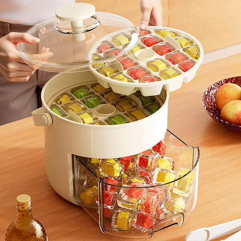 Ice Cube Tray with Lid & Bin – 2-in-1 Ice Maker & Storage Box | Portable with Scoop | Perfect for Home, Office, Camping