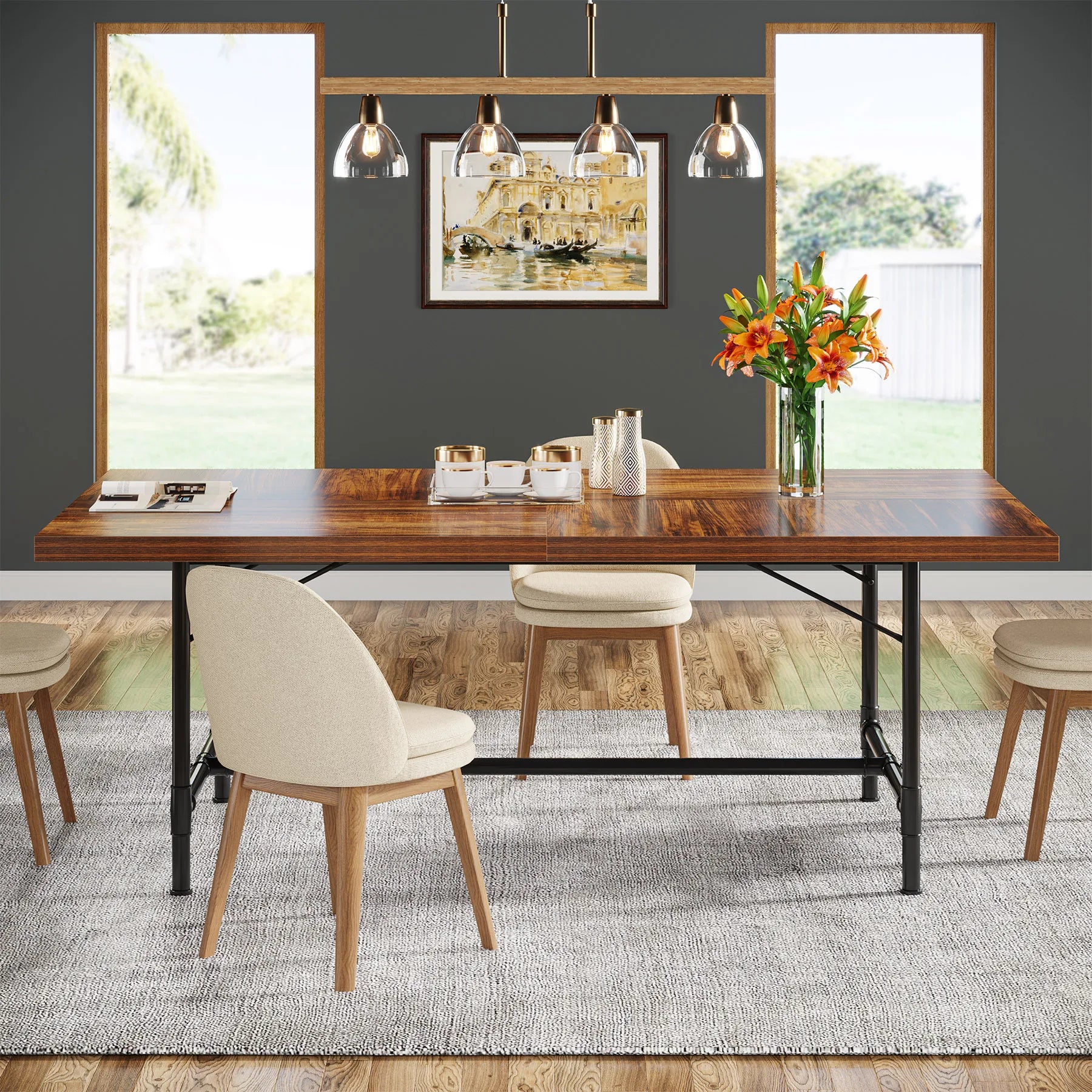 Wooden dining table with metal frame