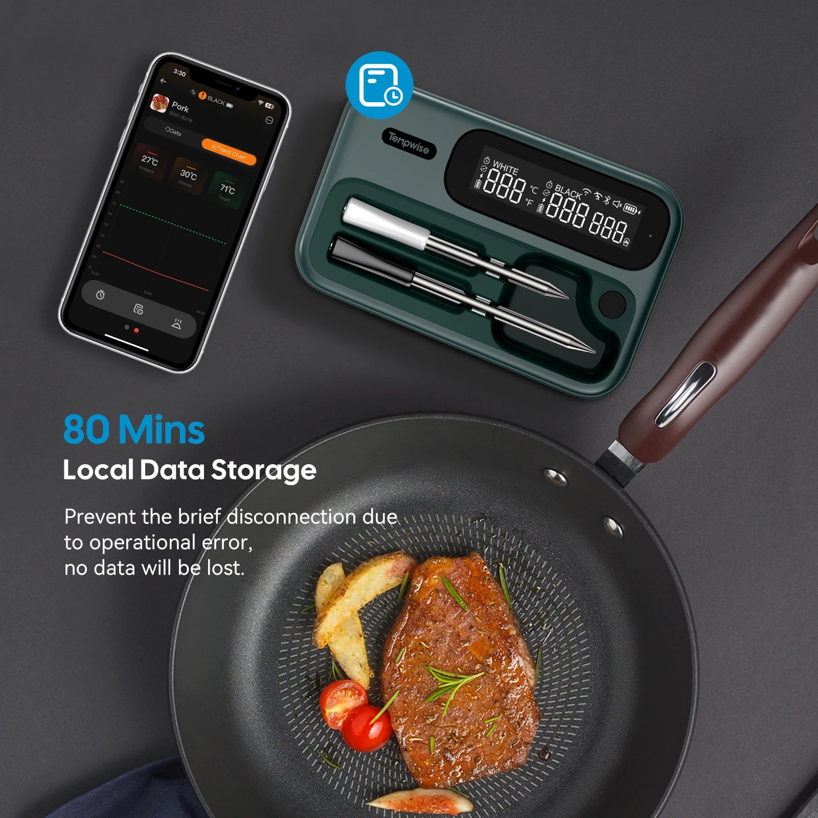 Smart WiFi & Bluetooth Meat Thermometer – Dual Probe Wireless BBQ Food Thermometer | Fast Response, Rechargeable, IP67, 100m Range
