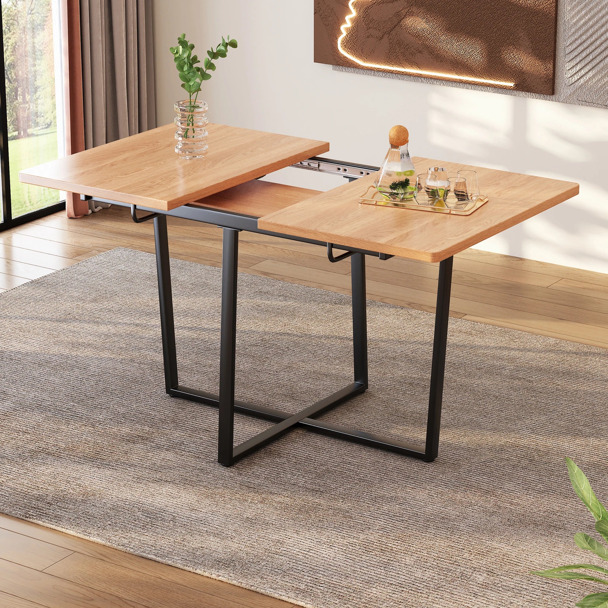 Modern extendable dining table with black metal legs for 4 to 6 people