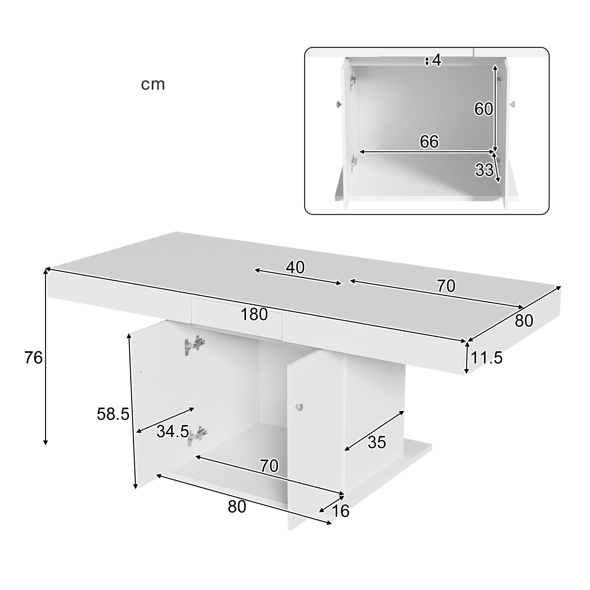 White extendable dining table with storage cupboard