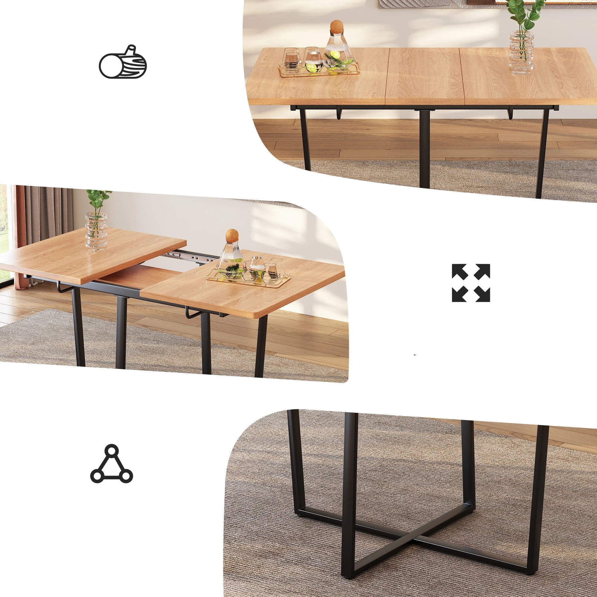 Modern extendable dining table with black metal legs for 4 to 6 people