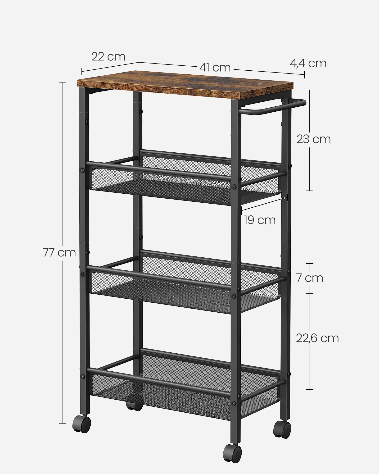 Industrial Style 4-Tier Kitchen Trolley with Wheels | 22 x 45.4 x 77 cm