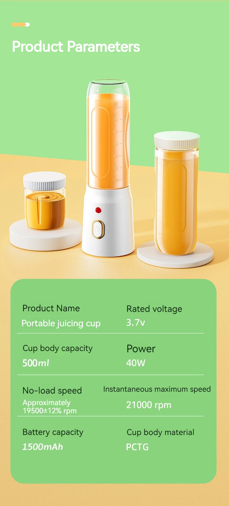 Portable Wireless Blender with Double Cups – 10-Blade High-Speed Juicer | 450ml | Rechargeable, Ice-Crushing, Baby Food & Smoothie Maker | White