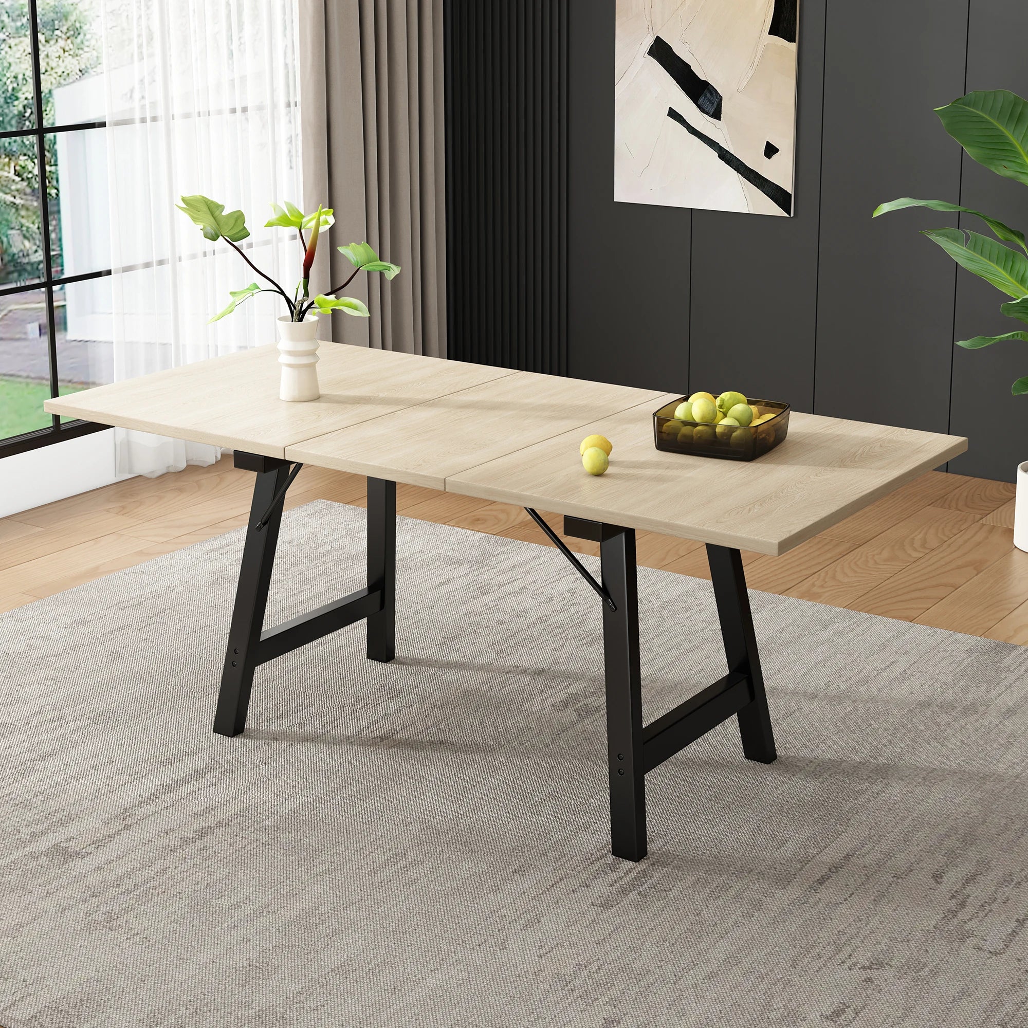 Beige extendable dining table with alloy legs