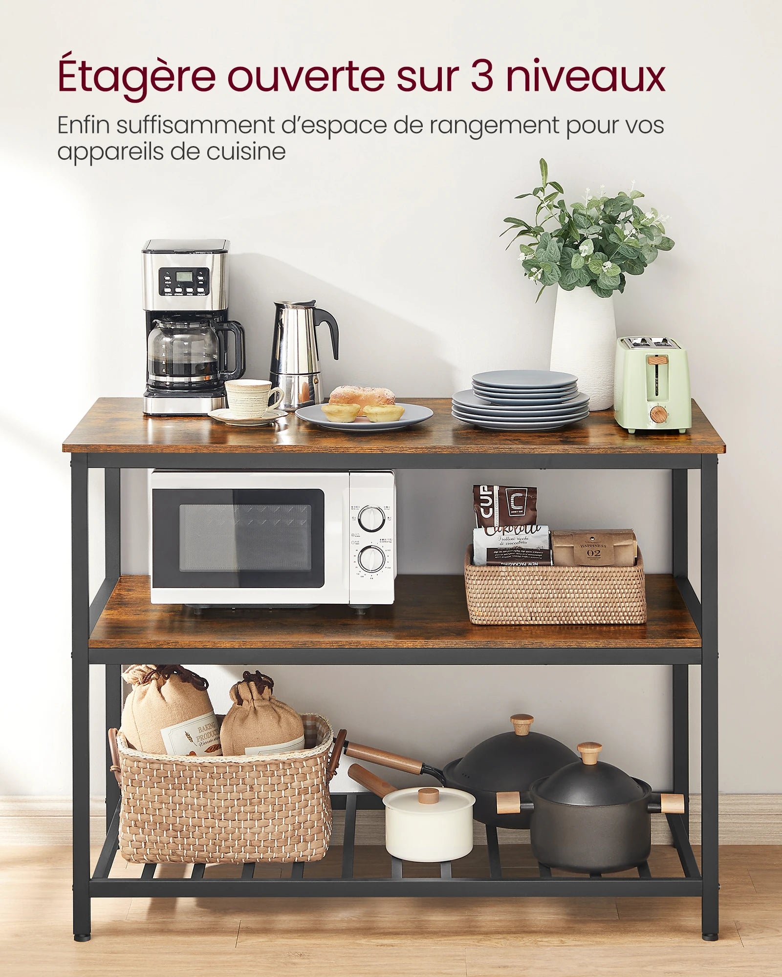 🍴 Rustic Industrial Kitchen Island – 3 Storage Tiers | 120 x 60 x 90 cm