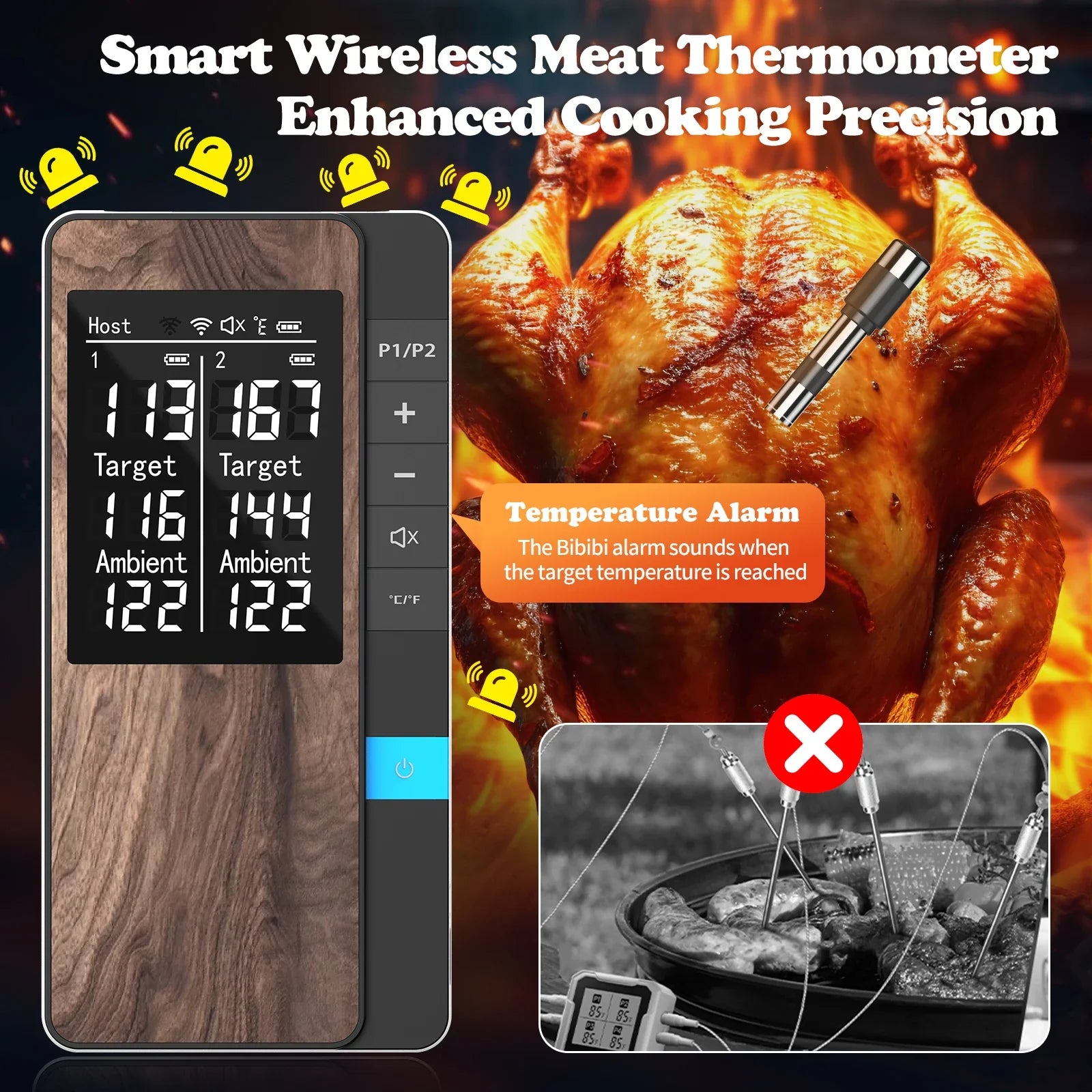 Wireless Meat Thermometer with App – Dual Probe Bluetooth BBQ & Oven Thermometer, Rechargeable, IP67, 150m Range