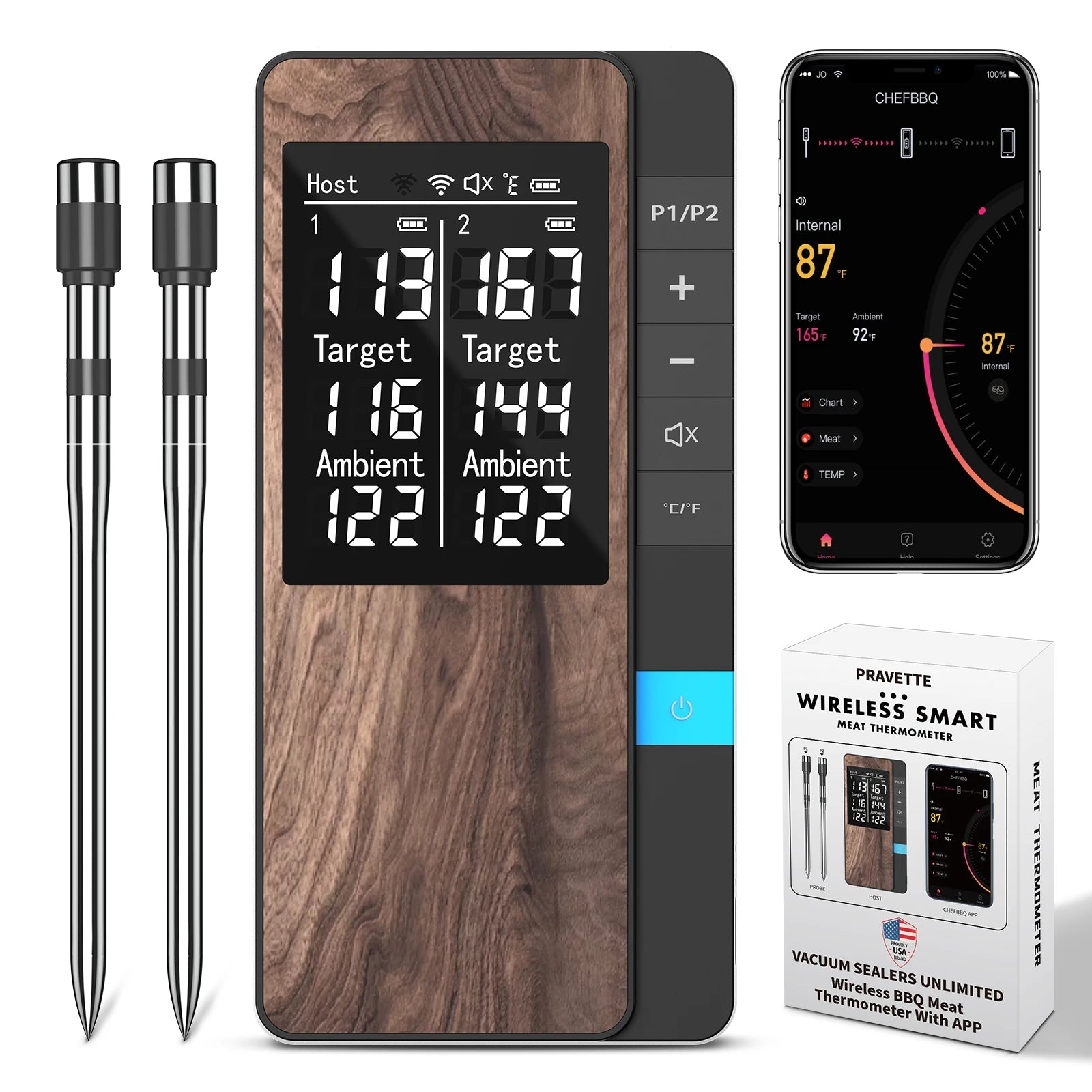 Wireless Meat Thermometer with App – Dual Probe Bluetooth BBQ & Oven Thermometer, Rechargeable, IP67, 150m Range