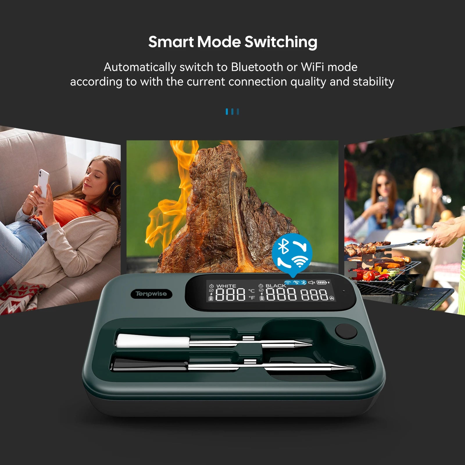 Smart WiFi & Bluetooth Meat Thermometer – Dual Probe Wireless BBQ Food Thermometer | Fast Response, Rechargeable, IP67, 100m Range