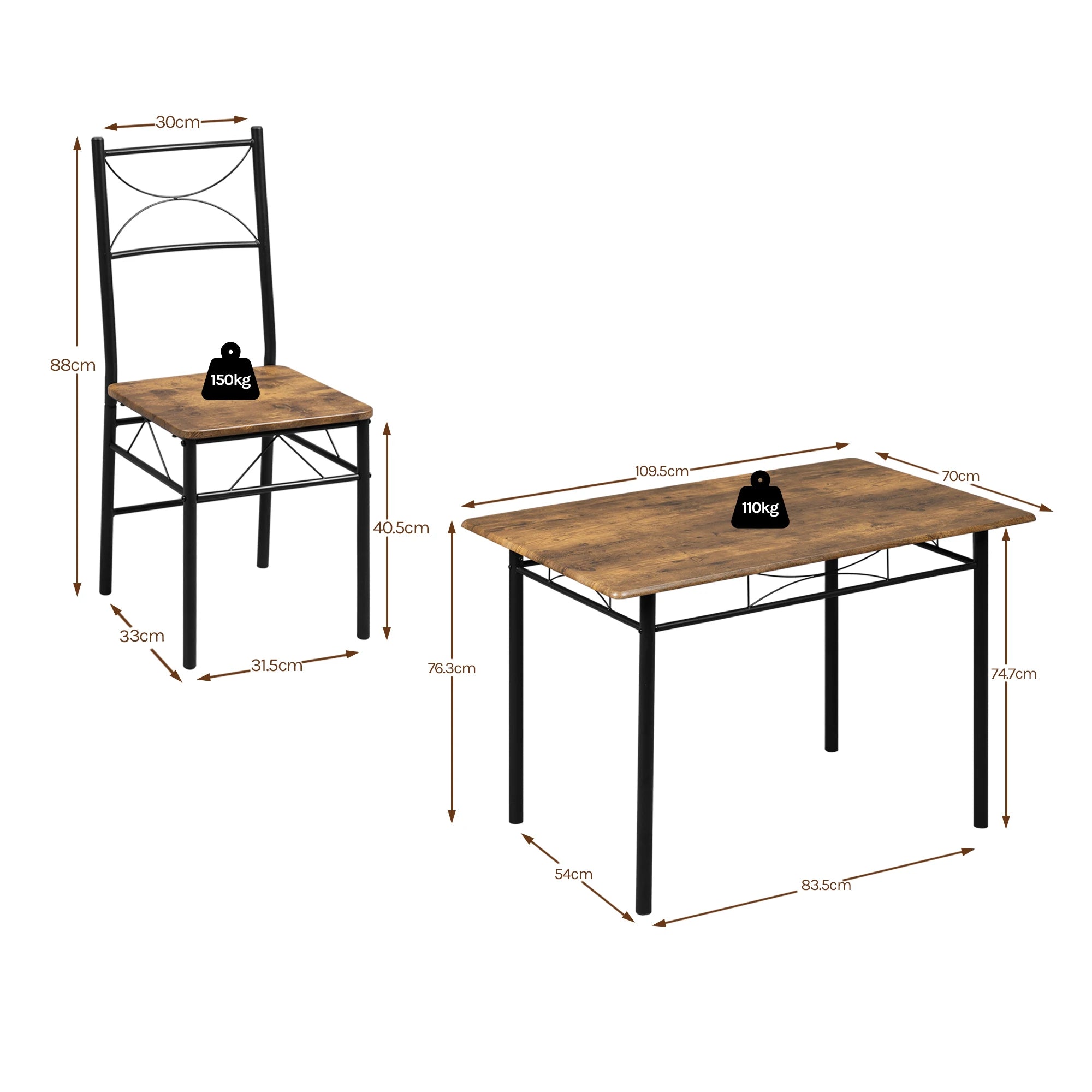 🍽️ Industrial Dining Table Set with 4 Chairs – 110 x 76 x 70 cm