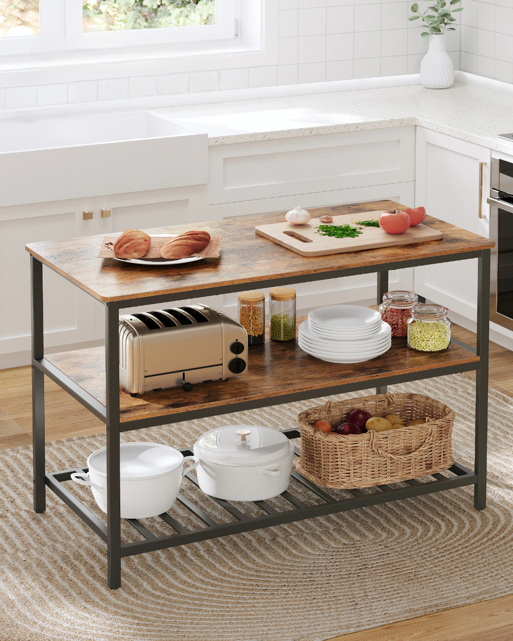 🍴 Rustic Industrial Kitchen Island – 3 Storage Tiers | 120 x 60 x 90 cm