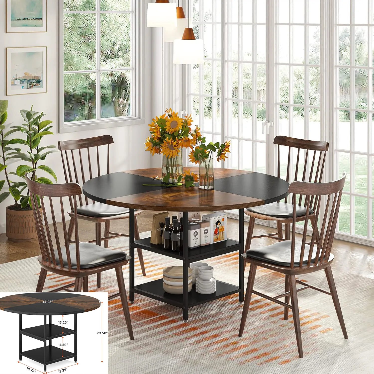 🍽️ Round Dining Table – Seats 4 to 6 | Solid Wood Legs | Vintage and Elegant Design