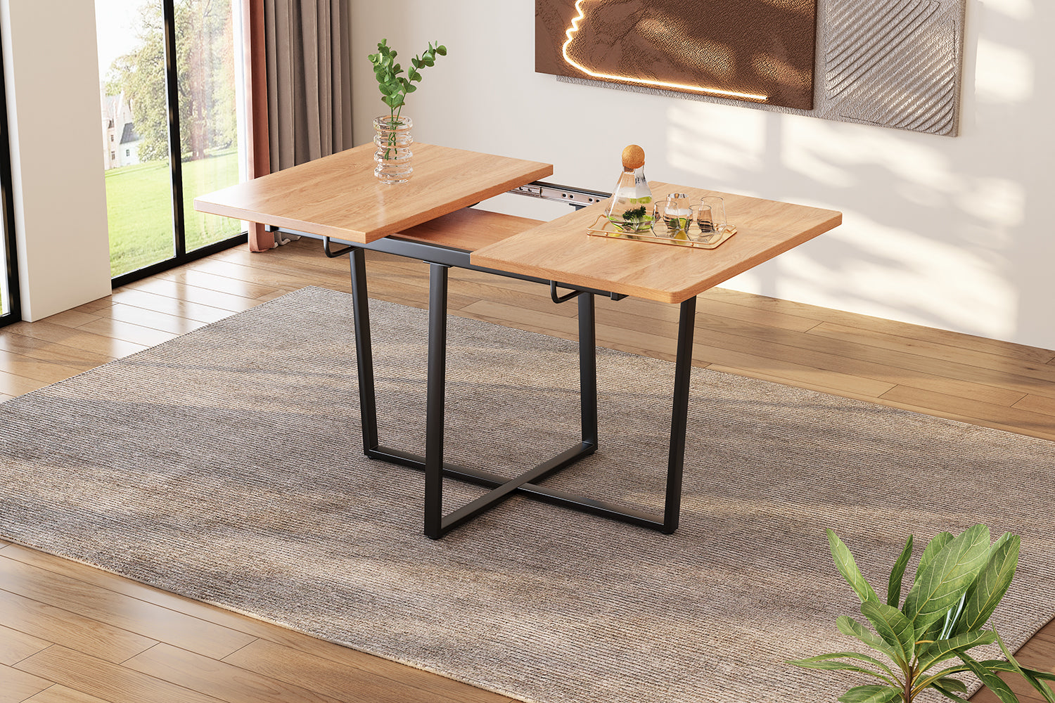 Modern extendable dining table with black metal legs for 4 to 6 people